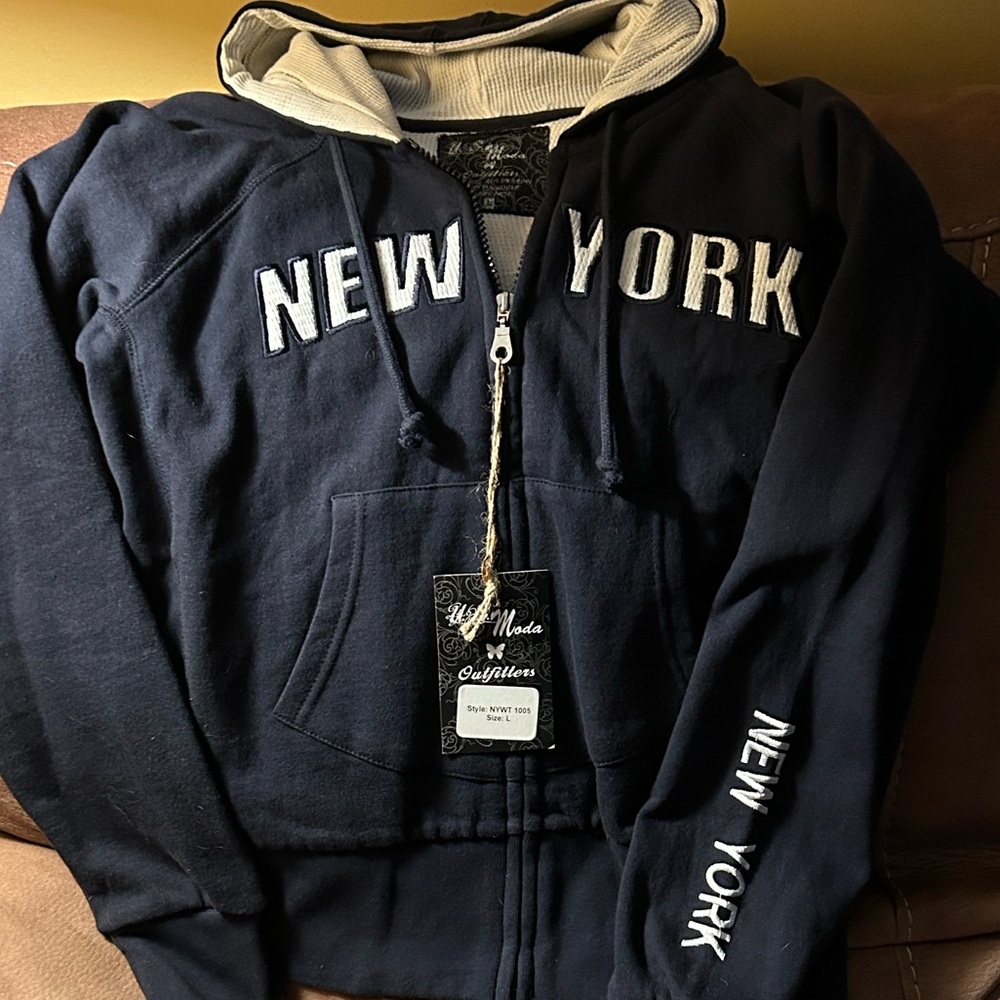 New York Embroidered Zip-Up Hoodie/Sweatshirt NWT-Navy Blue/White